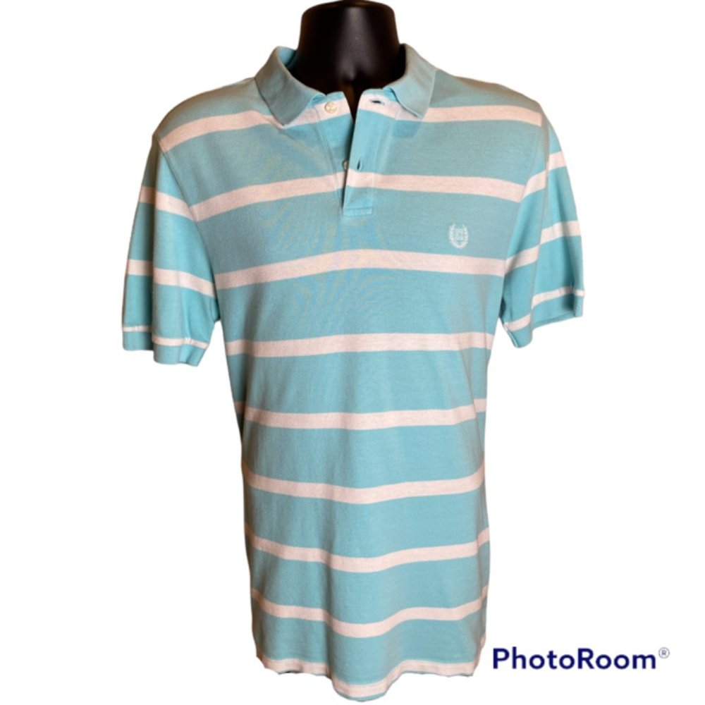 Chaps Light Blue Polo with White Horizontal Stripes